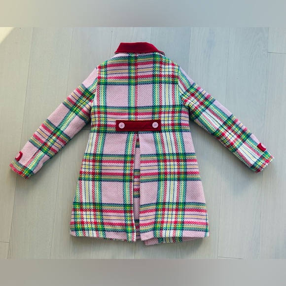 PERFECT CONDITION -Mini Boden Pink Plaid Pea Coat with Red and Green Accents - Picture 2 of 7